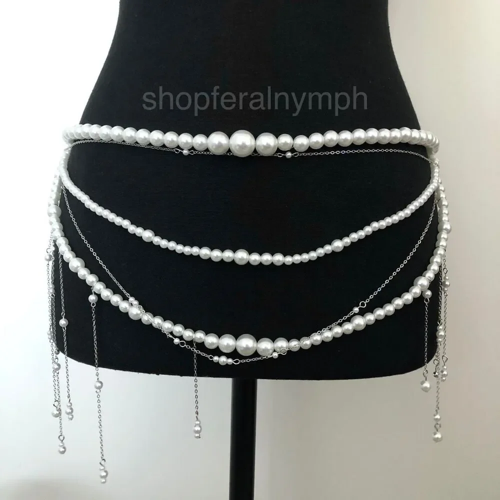 Y2K Coquette White Faux Pearl Layered Draped Chain Belt, 31.5 Inches, X7GA1139